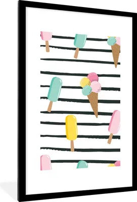 Produktbild von MuchoWow® Gerahmtes Poster Sommer - Eiscreme - Pastell 60x90 cm - Poster mit Schwarzem Bilderrahmen Wandposter Rahmen Foto Bilder - Dekoration - Wandposter Wohnzimmer - Hochwertig