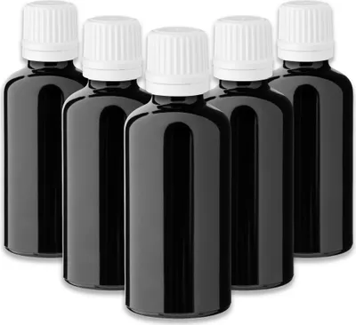 Produktbild von 5x Schwarze Glasflasche 50 ml mit weißem Tropfer leere Tropfflasche