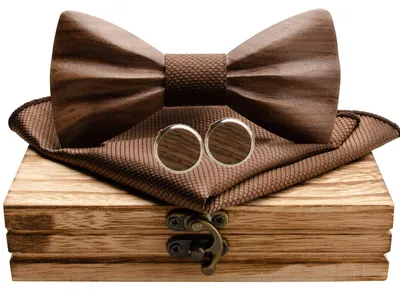Imagen del producto de Conjunto de corbata, mosca y gemelos de Holz, en madera de nuez negra, con pañuelo de bolsillo, en embalaje de regalo, ideal para bodas