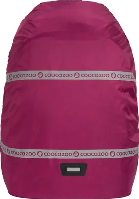 A pink backpack rain cover with reflective stripes and branding.