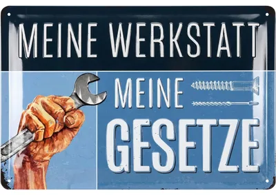Produktbild von Retro Blechschild meine Werkstatt MEINE GESETZE, nostalgie Deko Werkstatt Papa, Vatertagsgeschenk Schild, Werkstattschild Regeln mit Spruch