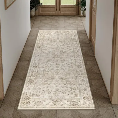Zdjęcie produktu dla Dywan do przedpokoju, 60x180 cm, beżowy, nadający się do prania, styl vintage