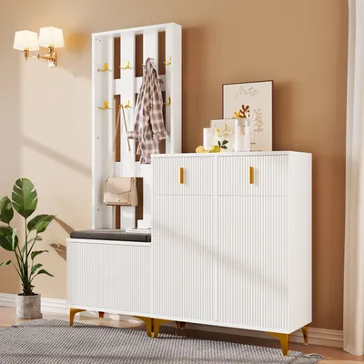 Produktbild von MODFU Garderobenset mit Schuhbank und Kissen, Schuhschrank mit Schubladen und Türen, Garderobenfront mit Haken,Weiß