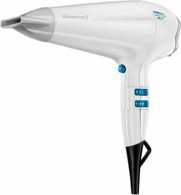 A white Remington hairdryer with blue accents is shown against a white background.