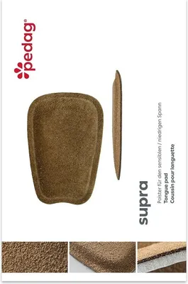 A product image showing a shoe tongue pad with close-up views of its texture and layers, along with branding and descriptive text.