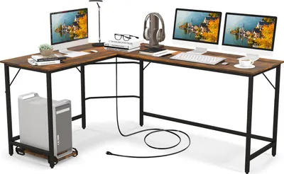 Produktbild von L-förmiger PC-Tisch, Computertisch mit CPU-Ständer, Steckdosen, USB-Anschlüssen, stabilem Metallrahmen & platzsparendem Design, Braun