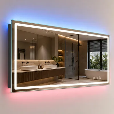 Immagine prodotto di Specchio da bagno Relaxdays, con luce regolabile, 3 tonalità di luce, funzione antiappannamento, illuminazione RGB, grado di protezione IP44, specchio per il bagno, vetro, Immagine generata dall'IA