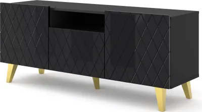 Produktbild von TV Schrank DIUNA 145 cm 2D1K auf Beinen SCHWARZ MATT / SCHWARZ GLANZ Unterschrank Fernsehschrank Modern