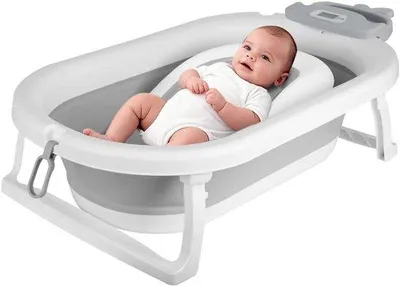 Productafbeelding van Opvouwbaar Babybad - Draagbaar Babybadje - Baby Veilig Baden - Geïntegreerde Thermometer - 82 x 43 x 22 cm - Grijs