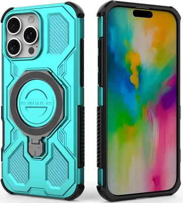 Produktbild von Robuste Handyhülle für iPhone 16 Pro Max mit Ringhalter Ständer Stoßfest, Magnetisch, Dual-Layer Schutz Türkis