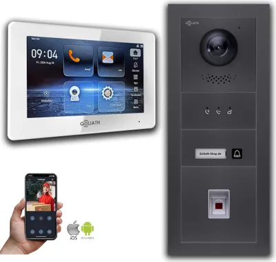 Image de Interphone vidéo Goliath IP avec caméra, écran tactile 7 pouces et lecteur d'empreintes digitales, couleur anthracite : 1 moniteur : 7 pouces, blanc : boîtier encastré Nombre de moniteurs : 1 moniteur Couleur du moniteur : 7 pouces, blanc Montage : boîtier encastré