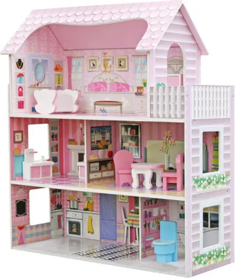 A pink dollhouse with multiple floors and furniture.