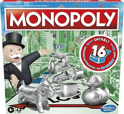 The image shows the Monopoly board game box with various game pieces and Mr. Monopoly.