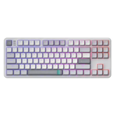 A top-down view of a mechanical gaming keyboard with RGB backlighting.