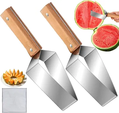 Produktbild von 2 Stück Wassermelonen-Schneider aus Edelstahl mit Holzgriff, multifunktionaler Obstschneider