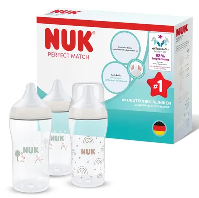 Produktbild von NUK Perfect Match Babyflaschen | 3+ Monate | 260 ml | Anti-Kolik-Babyflasche | PP | Temperature Control Anzeige | Regenbogen/Schaf | 3 Stück