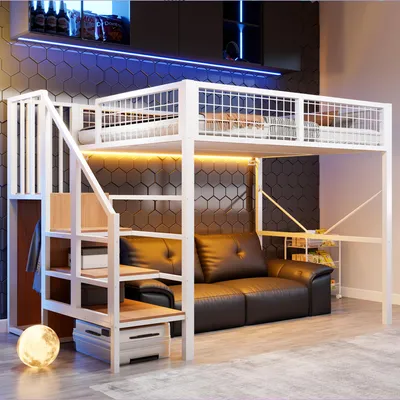 Immagine prodotto di Letto a castello 140 x 200 cm con scaletta, letto a soppalco con illuminazione a LED e ringhiera di sicurezza, struttura del letto con spazio contenitivo, bianco, legno e metallo