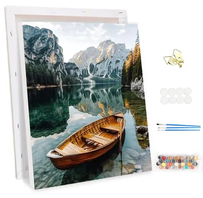 Produktbild von Malen nach Zahlen Set - Mit Holzrahmen Motiv Boot und Landschaft - DIY Ölgemälde auf Leinwand - 30x40 cm