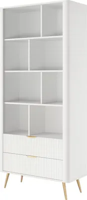 Produktbild von BETTSO LANTE Bücherregal in weiß - mit 2 Schubladen, kannelierte Fronten, goldene Beine