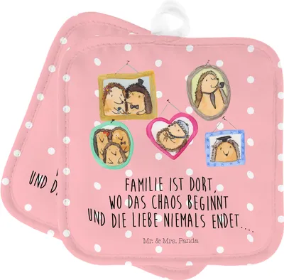 Produktbild von Mr. & Mrs. Panda Topfuntersetzer Igel Familie - Rot Pastell - Geschenk, topfhalter, Papa, Topflappen, Bilder, Ofenlappen, Set, Muttertag, Mama, Kochlappen