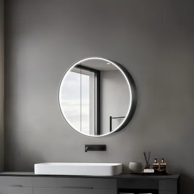 A modern bathroom vanity with a round illuminated mirror above a white rectangular sink.
