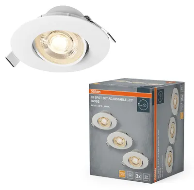 Immagine prodotto di 3 faretti LED Osram da incasso, colore bianco, diametro 9 cm, 4,9W, luce calda (3000K), orientabili
