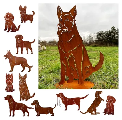 Produktbild von Gartenfigur Hund Schäferhund sitzend groß 80x46cm auf Platte wetterfest Edelrost Gartendeko