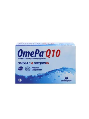 Produktbild von OmePa Q10 Omega-3 und Q10 (Ubiquinol) - Nahrungsergänzungsmittel – Fischöl, EPA, DHA & Kaneka® Ubiquinol (Aktives Co-enzym Q10) | 30 Softgel-Kapseln
