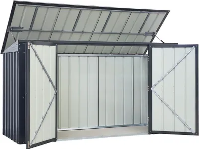An open metal storage shed with its lid and doors ajar, revealing the interior.