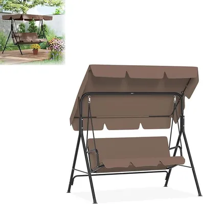 Productafbeelding van Hollywood schommelbank voor de tuin, geschikt voor 3 personen, met zonnedak, belastbaar tot 200 kg, weerbestendige schommelbank met comfortkussens en antislipvoeten, bruin, 193x110x152 cm