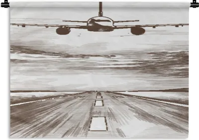 Produktbild von MuchoWow® Wandteppich Wandbehang Flugzeug - Luft - Schwarz - Weiß 90x67.5 cm Tapisserie Dekoration Wandtuch - Fototeppich - Wand-Skulpturen