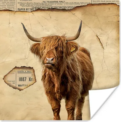 Produktbild von MuchoWow® Poster Schottischer Highlander - Vintage - Kuh 50x50 cm - Wohnzimmerdekoration