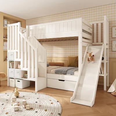 Produktbild von Merax Etagenbett 90x200cm mit Rutsche und Leiterschrank, Kinderbett mit Schubladen und Regal, Doppelstockbett Holzbett mit Lattenrost, Weiß