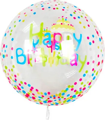 Image de Ballon décoratif transparent Happy Birthday avec points colorés, 55 cm