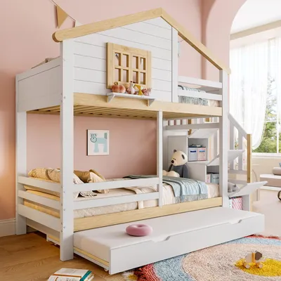 Productafbeelding van okwish kinderbed 90x200 met opbergruimte en uitschuifbaar gedeelte, houten kinderbed met opbergladder en dakrand, wit/naturel, zonder matras
