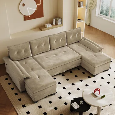 Imagen del producto de Sofá modular en forma de L para sala de estar, con función de cama abatible, sofá de tres plazas, color marrón, con puertos USB para carga