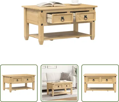 A collage of images showing a wooden coffee table with drawers from different angles and in a living room setting.