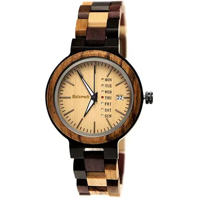 Produktbild von Holzwerk TREBBIN kleine Damen Holz Uhr mit Datumsanzeige in beige & braun