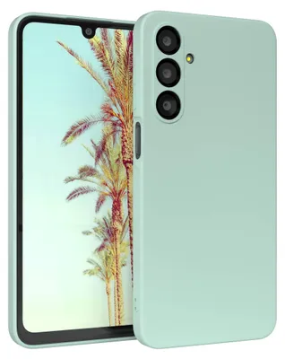 A mint green phone case is shown diagonally with the phone inside, displaying a tropical background on the screen.