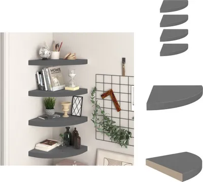 Obrázok produktu pre vidaXL Rohové plávajúce police 4 ks. Vysoko lesklá sivá 35x35x3,8 cm MDF - Nástenné police