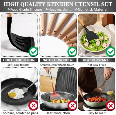 Produktbild von Silikon-Küchenhelfer-Set – 12-teilig – Hitzebeständiges Kochgeschirr – Küchenhelferhalter – Holzgriffe – Küchenzubehör – Antihaftbeschichtung