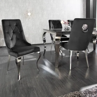 Produktbild von riess-ambiente Eleganter Stuhl MODERN BAROCK schwarz Samt mit silbernem Löwenkopf Esszimmerstuhl Essstuhl