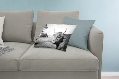 Produktbild von MuchoWow® Zierkissen Sofakissen Wohnzimmer Dekokissen 60x40 cm Schottisches Hochlandrind - Tiere - Schwarz - Weiß - Kopfkissen - Polster mit Foto