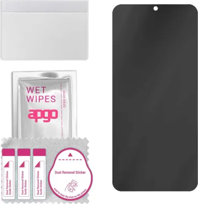 A flat lay of a smartphone screen protector kit, including the protector itself, wet wipes, dust removal stickers, and a cleaning cloth.