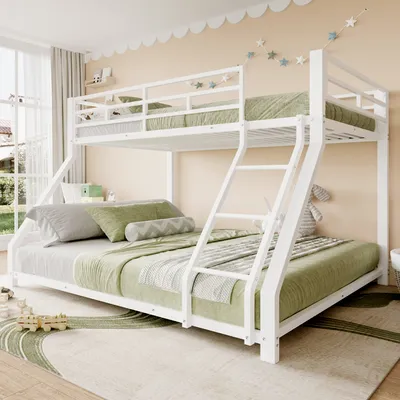 Immagine prodotto di Letto a castello Flieks 90x200cm/140x200cm con protezione anticaduta, letto a castello con rete a doghe, letto singolo letto per bambini 2 bambini, letto in metallo bianco