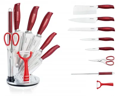 Produktbild von Royalty Line RL-KSS530: 9-teiliges Messerset mit Block und drehbarer Halterung – Rot