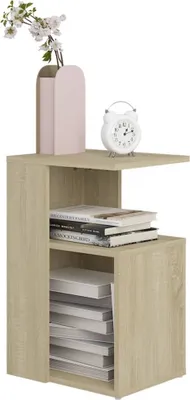 A wooden side table with decorative items on top.