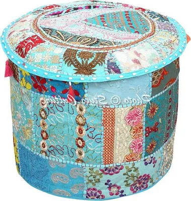 Produktbild von Famanu Poufbezug Vintage Indisch Gestickt Patchwork - Türkis - 45x33 cm