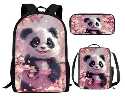 Immagine prodotto di Set di articoli scolastici composto da: zaino, borsa per il pranzo e astuccio, con motivo panda rosa, in poliestere