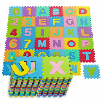 Produktbild von Hop-Sport Puzzlematte Kinder Baby - Buchstaben und Zahlen, 36-Teile, 180 x 180 x 1 cm, Puzzleteppich, rutschfeste Puzzle Matte, Schaumstoff